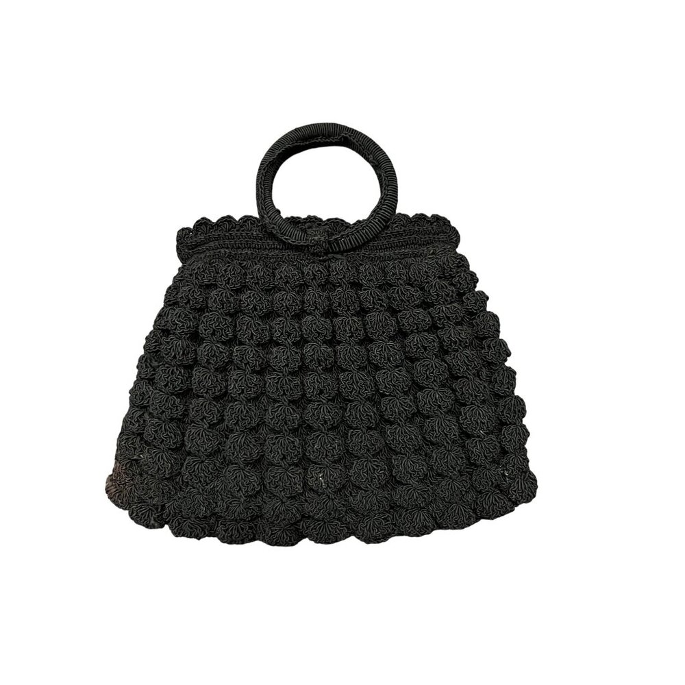Vintage Black Crocheted Popcorn Stitch Handbag Small Purse Mid Century Used